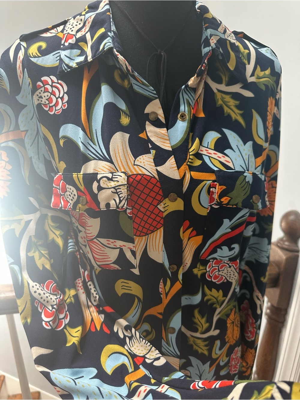 BCBG Navy Blue Floral-Print Blouse with Multicolor Botanical Motif; M